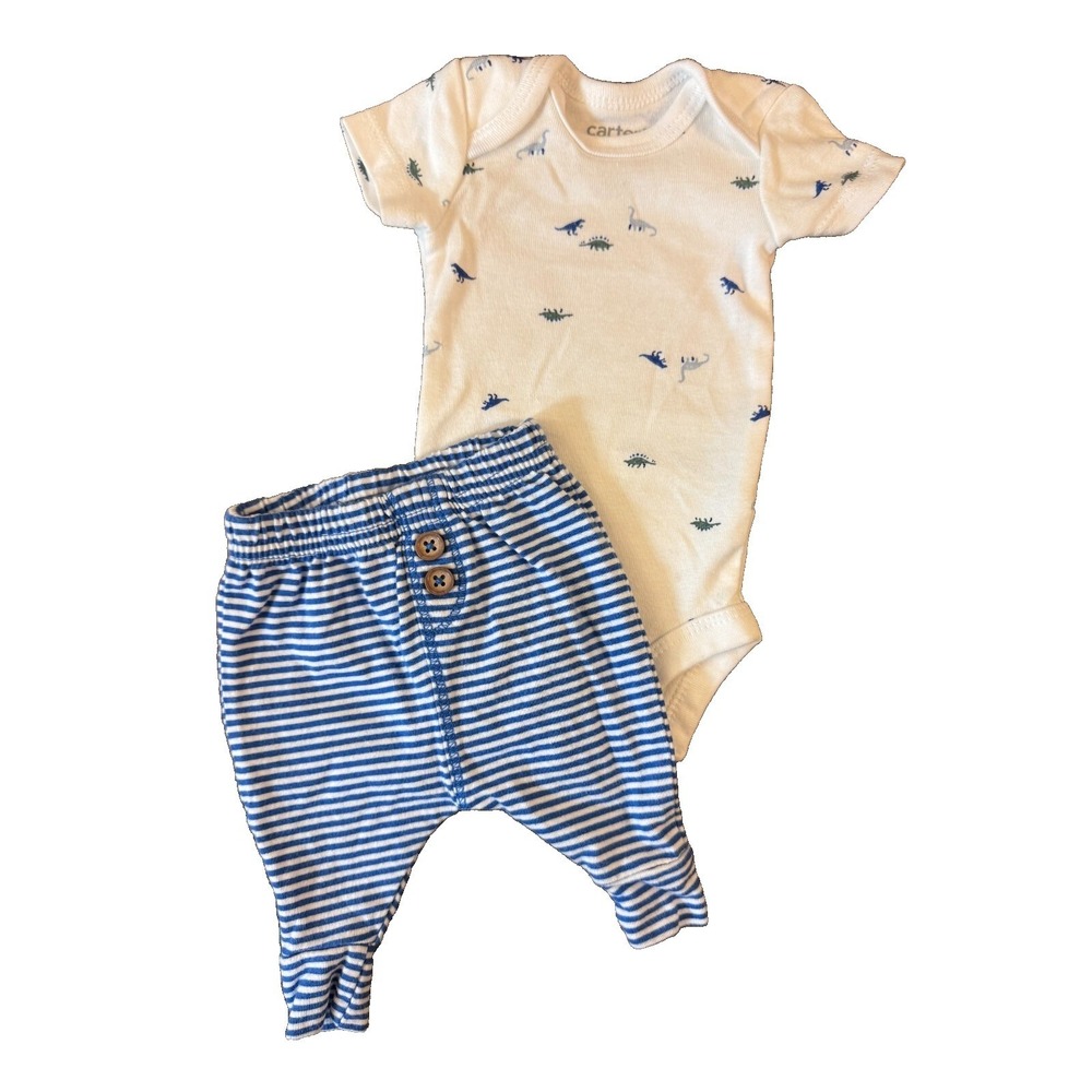 Carters Preemie Baby Boy Outfit Bodysuit Pants 2 Piece Reborn Doll Stripe Dinos - Picture 2 of 8